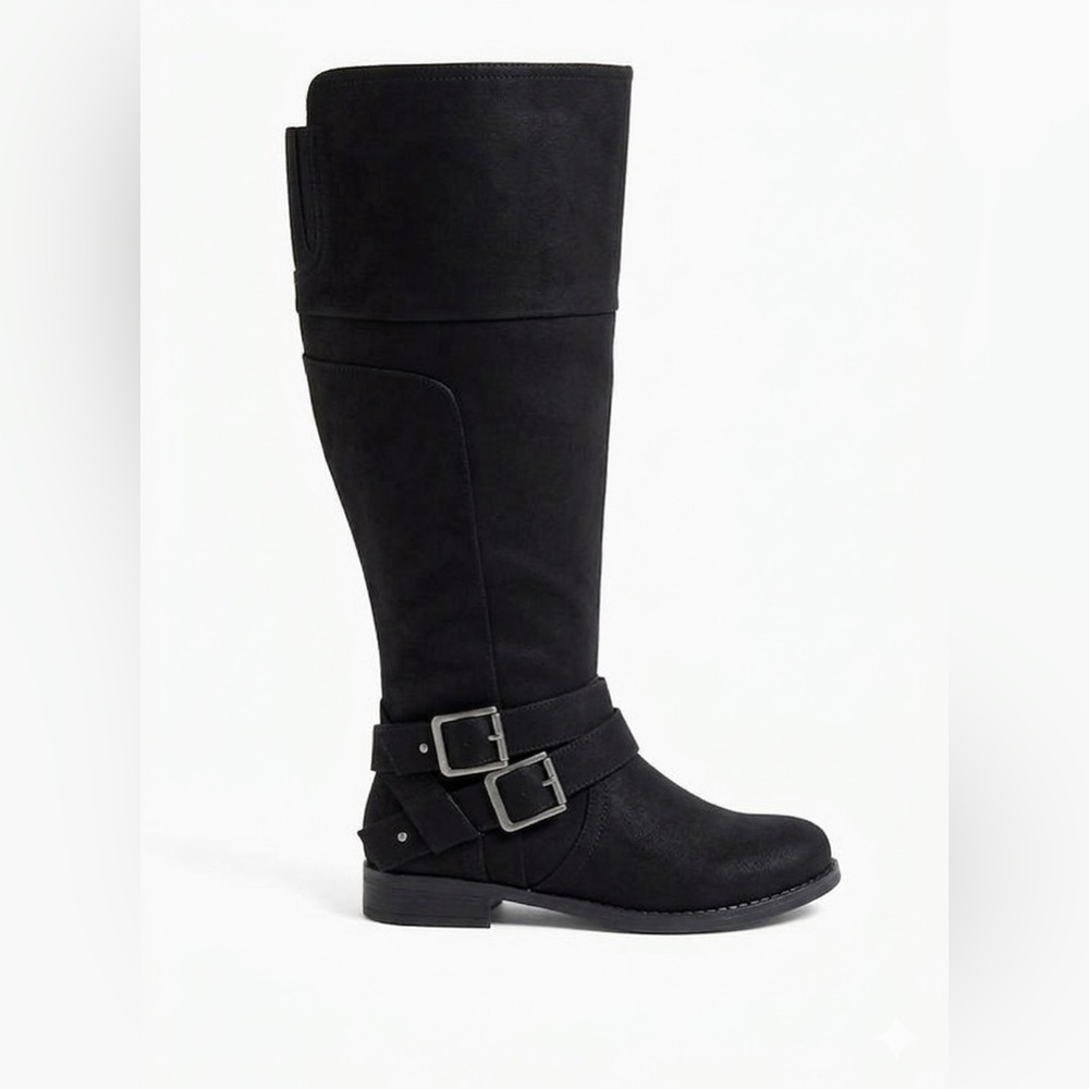 TORRID - BLACK Oiled Faux Suede Double Buckle Knee-High Boot (WW)